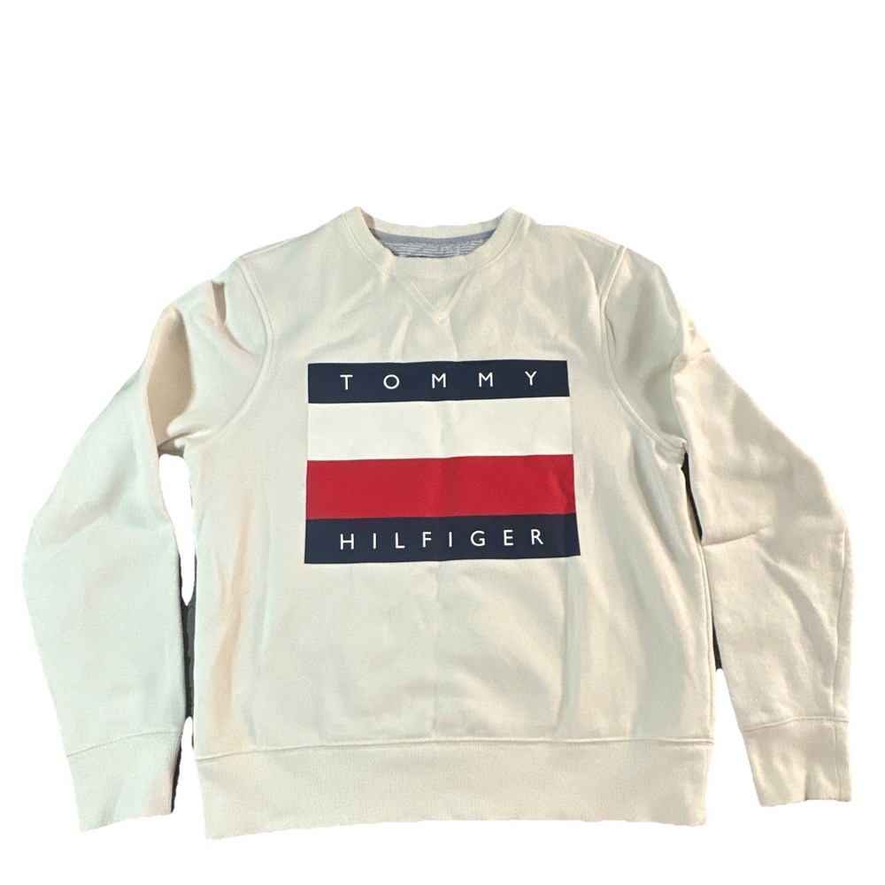 Tommy Hilfiger Women's Size Small  White Crewneck Sweatshirt Flag Logo Fleece
